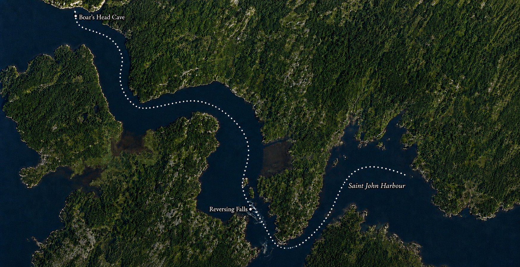 Satellite map of the lower Saint John River. A dotted route runs from Saint John Harbour, through the Reversing Falls, and upriver to Boar&rsquo;s Head Cave.