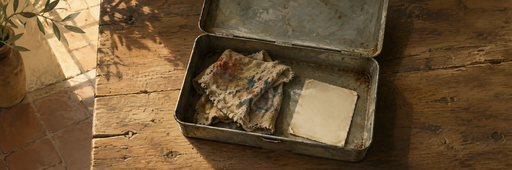 The dented tin box lying open on a worn wooden table: inside, a pigment-stained rag and a small photograph lying face-down.