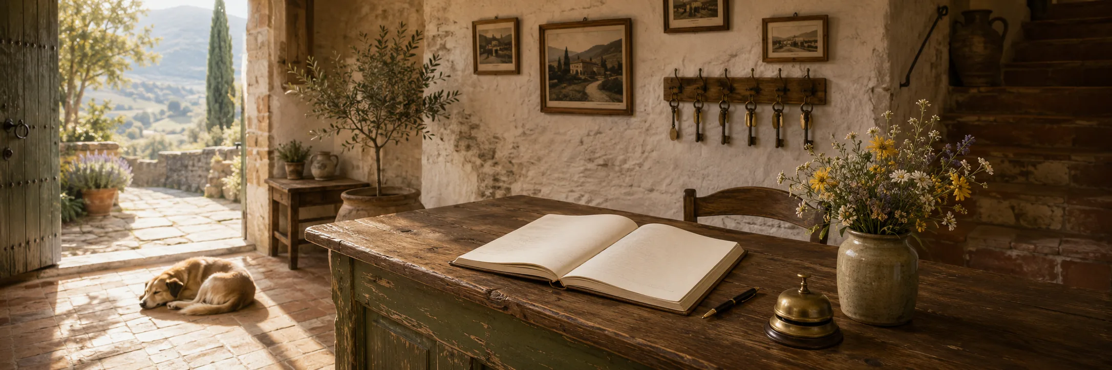 The sunlit entrance hall of the agriturismo: a wooden desk with a big guestbook lying open, a brass bell, wildflowers, room keys on hooks, and a dog asleep in the doorway light with the valley beyond.