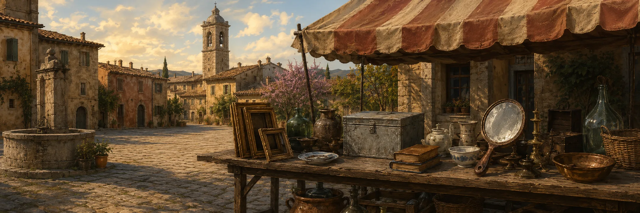 A Tuscan piazza on a market morning: a stone bell tower, cobbles, an old well — and in the foreground a clearance table under a striped awning, crowded with a dead man's household things.