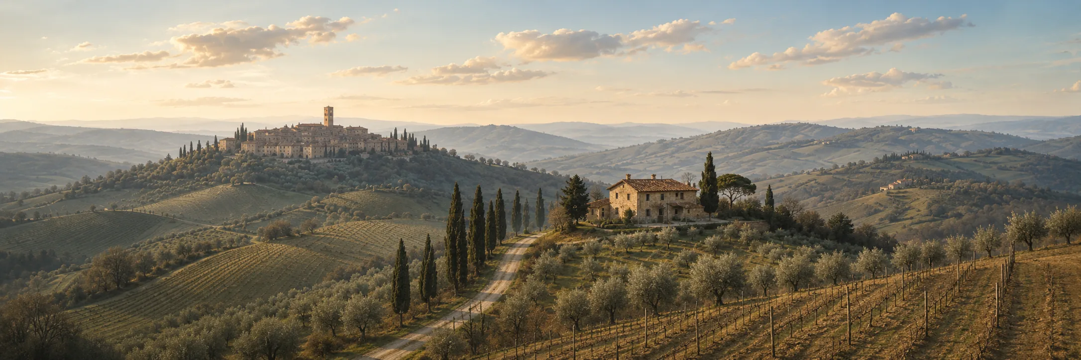 The Val di Pesa on a March morning: a hill village with a bell tower on the left ridge, a farmhouse and an avenue of cypresses, olive rows and bare vines running down to the foreground.