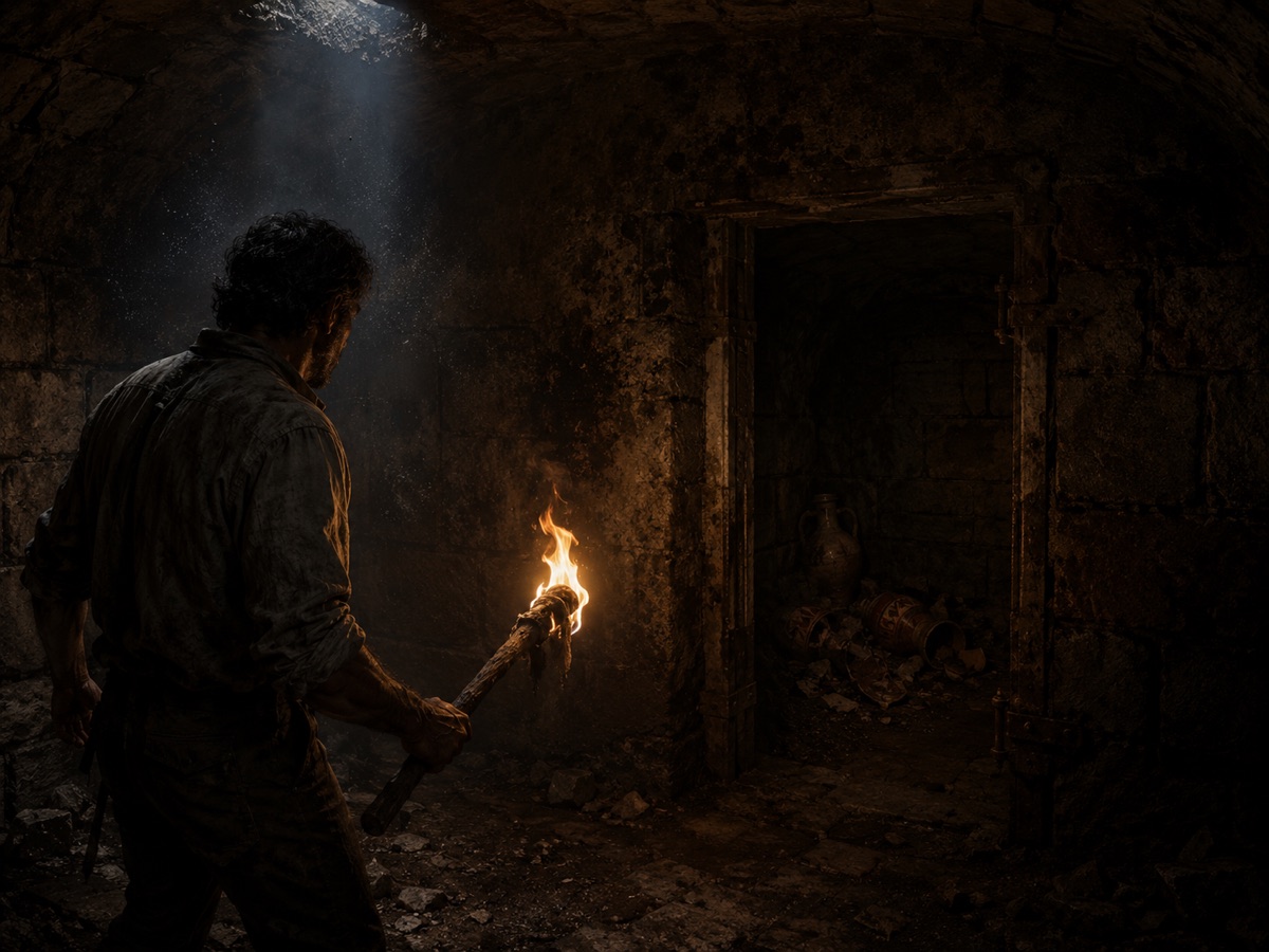 Enzo kneeling in a buried vaulted room, his light finding ancient amphorae