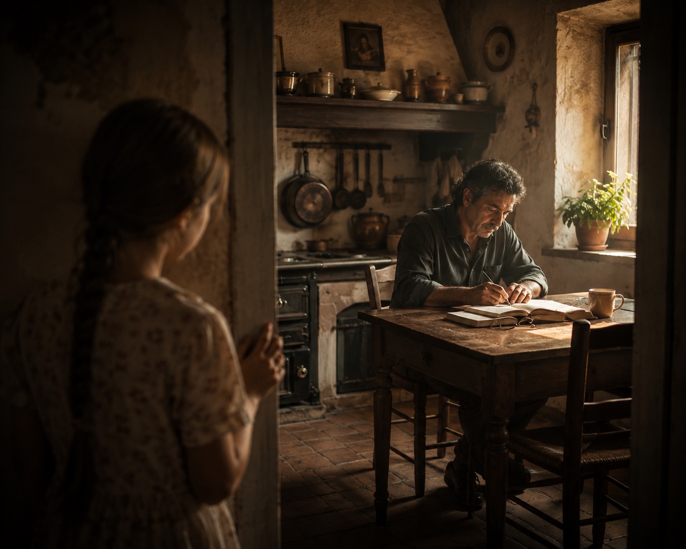A man writing at a kitchen table by a window, watched from the doorway by a young girl