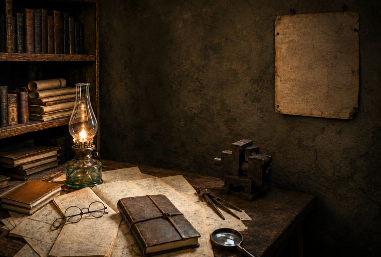 A desk of scattered papers, a leather-bound journal, an oil lamp and bookshelves — where the journal was written