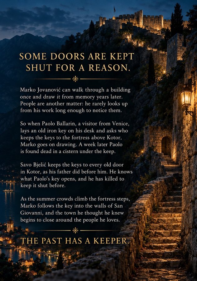 Back cover of The Killer of Kotor: the fortress walls above Kotor at night, with lamplit steps and the book's description in gold.