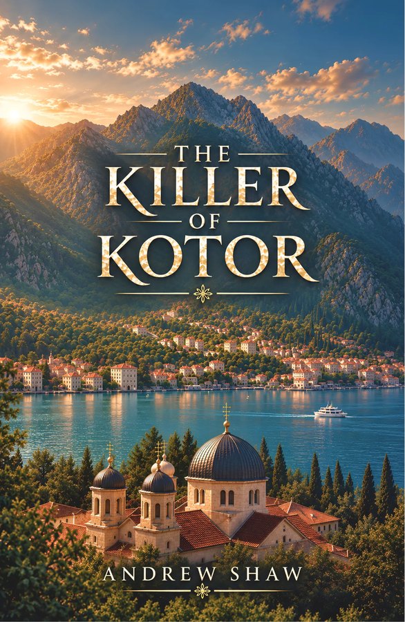 Cover of The Killer of Kotor by Andrew Shaw: the Bay of Kotor under the mountains at sunset, with a domed church in the foreground