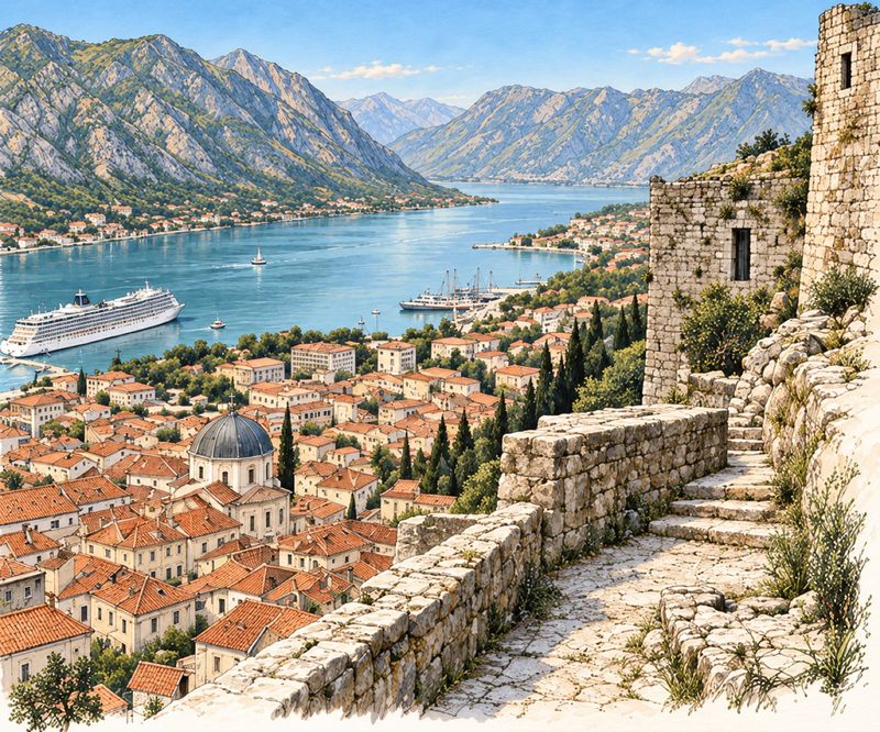 The old town from the fortress walls, with the bay running inland between the mountains.