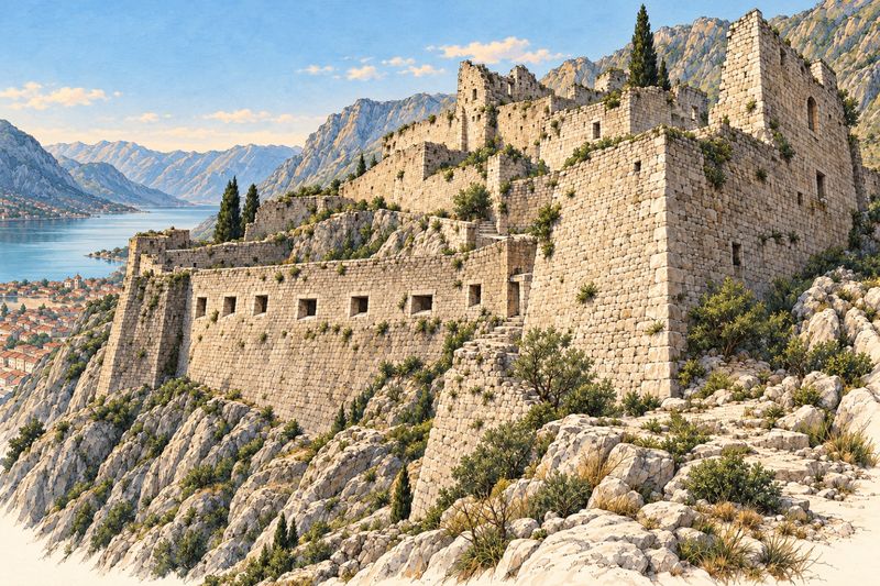 The fortress of San Giovanni above Kotor, its walls climbing the mountain from the back corners of the old town to the keep at the summit.