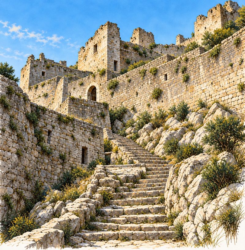 The last flights of steps below the upper fortress, with the ruined walls of the keep above.