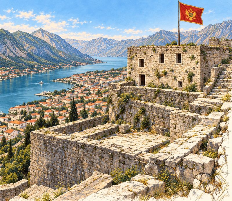 The keep, the fort at the summit, flies Montenegro's flag over the town.