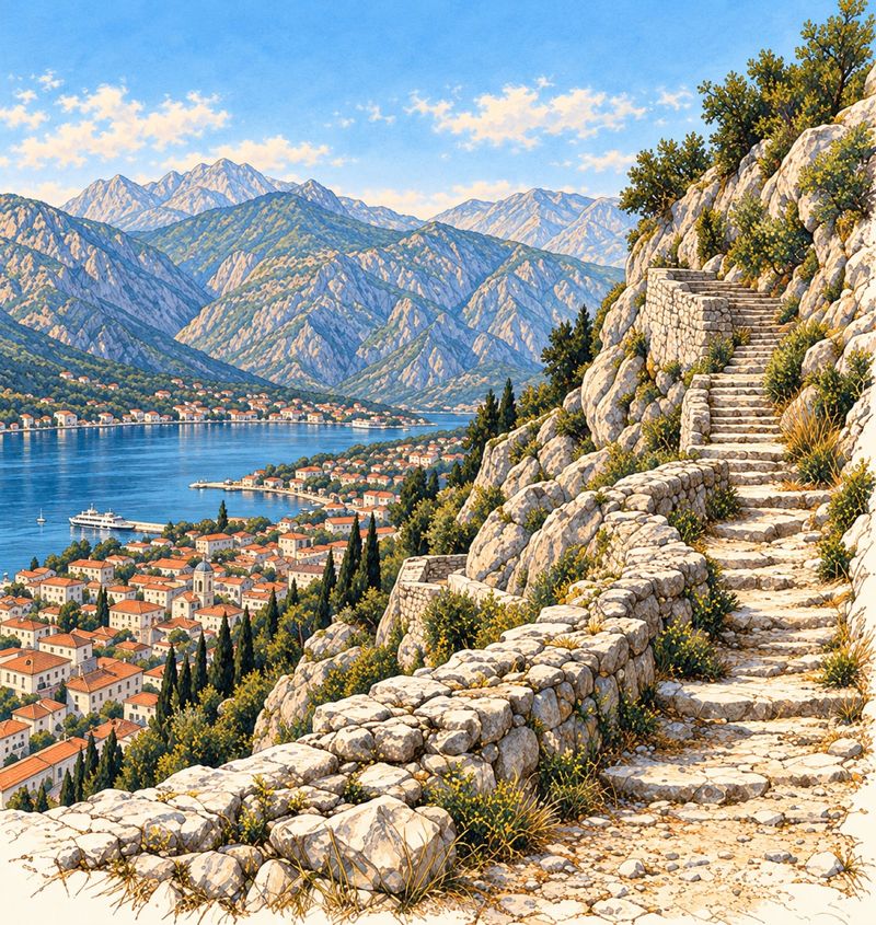 The mule track climbs the mountain outside the fortress walls in switchbacks. Hikers take it up to the ruined village of Špiljari and on to the pass.