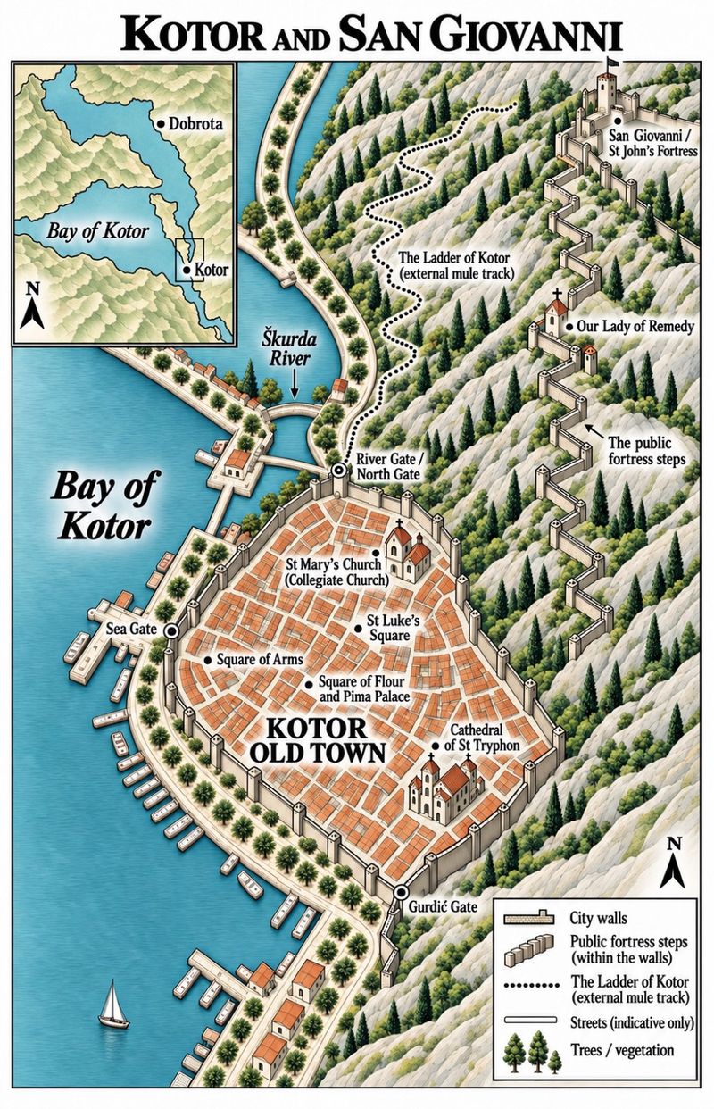Map of Kotor's walled old town on the Bay of Kotor, with the fortress walls and steps climbing the mountain to San Giovanni, and an inset of the bay with Dobrota.