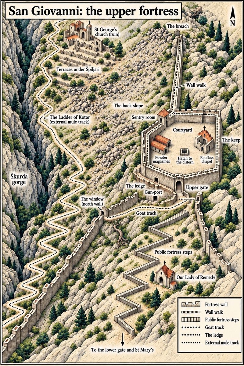 Plan of the upper fortress of San Giovanni: the keep and its courtyard, the upper gate, the ledge, the window in the north wall, the goat track, the breach and the mule track.