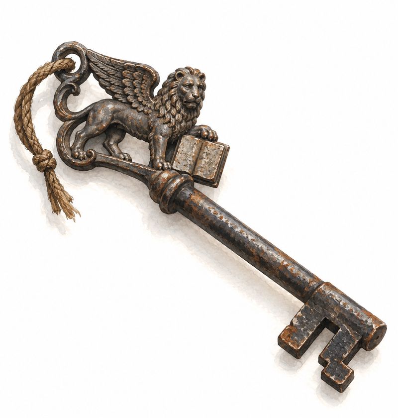 An old black iron key with a winged lion on its handle, the lion's paw resting on an open book, and a worn cord through the bow.
